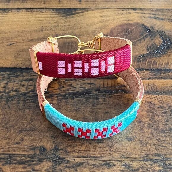 Set Of Handcrafted Woven Bracelets - Red & Turquoise Leather